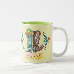 Custom names Newlyweds Rustic Cowboy Boots Two-Tone Coffee Mug