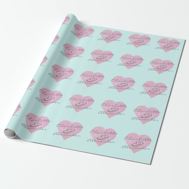 Custom Names or Initials Glitter Heart Name Mint Wrapping Paper (Unrolled)