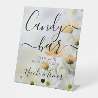 Custom Names Orange Flowers Calligraphy Candy Bar Pedestal Sign
