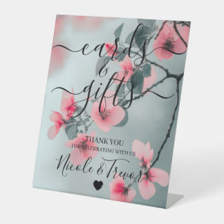 Custom Names Pink Blossoms Teal Cards & Gifts Pedestal Sign