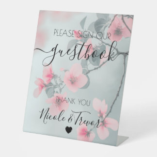 Custom Names Pink Blossoms Teal Table Sign
