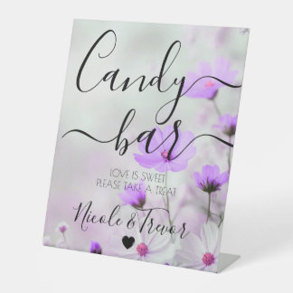 Custom Names Purple Flowers Calligraphy Candy Bar Pedestal Sign