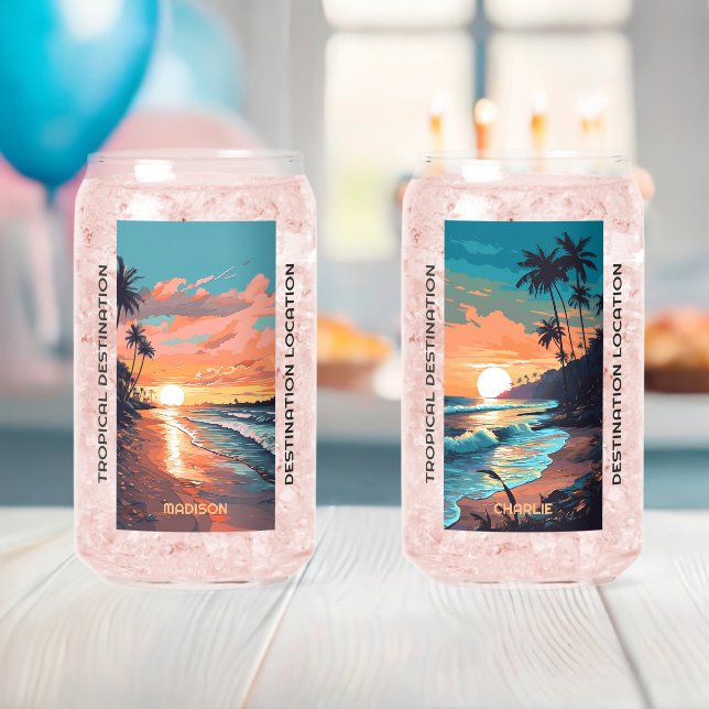Custom Names & Text Tropical Beach Sunset Can Glass (Insitu (Baby Shower))