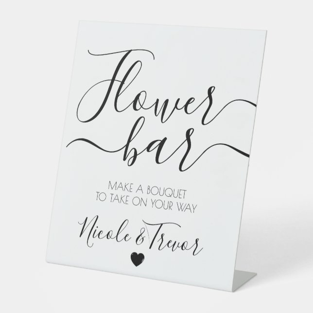 Custom Names White Calligraphy Flower Bar Pedestal Sign (Front)