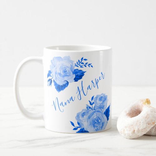 Custom Nana Watercolor Floral Blue Rose Coffee Mug