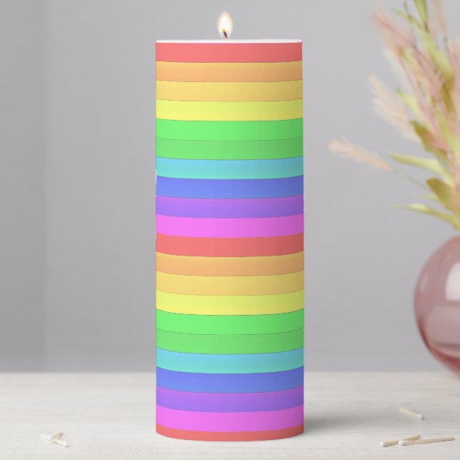 Custom Narrow Horizontal Colorful Rainbow Stripes Pillar Candle (In Situ)