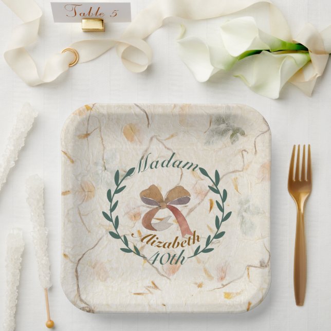Custom natural classic pressed flowers kraft 40th paper plates (Wedding)