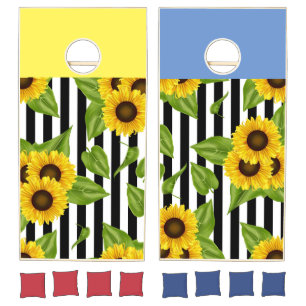 Custom Natural Wood Cornhole Set Sunflowers 