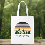 Custom Nature Family Vacation Green Forest Grocery Bag<br><div class="desc">Customize your own family road trip reusable grocery bags to embark on a journey through nature this summer or fall. Personalize with your last name underneath the green forest of trees and dark mountain sunset for a cool vacation keepsake for your outdoor group.</div>
