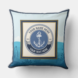 Custom Nautical Anchor and Ocean Background Throw Pillow