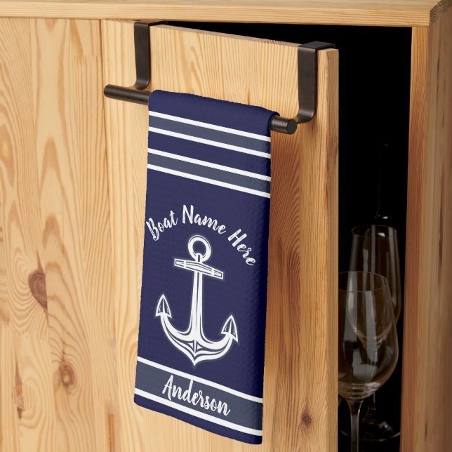 Custom Nautical Anchor  Bathroom Dark Navy Blue Kitchen Towel (Thirds Fold)