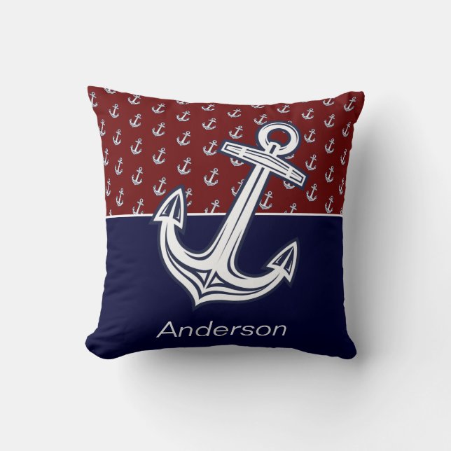 Custom Nautical Anchor Bathroom Maroon Navy Blue Throw Pillow (Front)