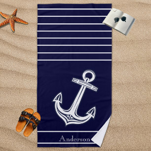 Custom Nautical Anchor Bathroom Navy Blue Beach Beach Towel
