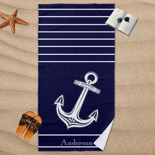 Custom Nautical Anchor  Bathroom  Navy Blue  Beach Beach Towel (Creator Uploaded)