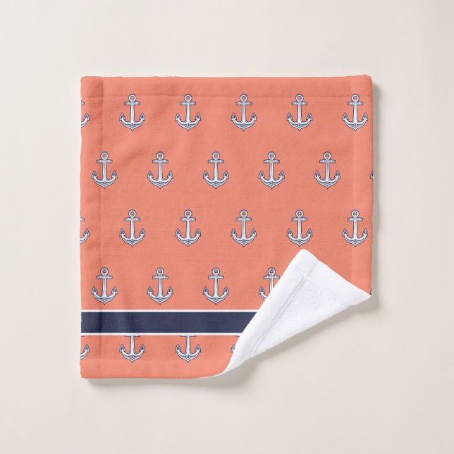 Custom Nautical Anchor Bathroom Navy Blue Coral Bath Towel Set