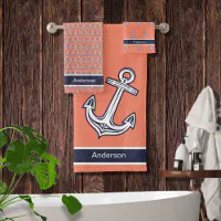 Modern Nautical Anchor Bathroom Navy blue white Bath Towel Set, Zazzle