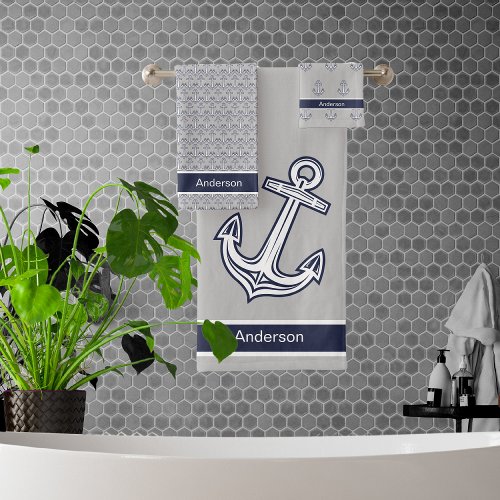 Custom Nautical Anchor  Bathroom Navy Blue Gray Bath Towel Set