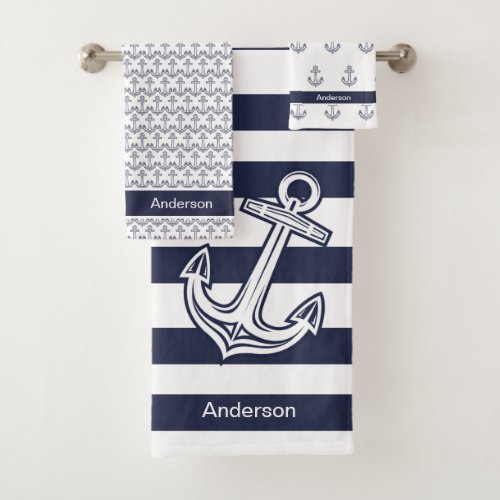 Custom Nautical Anchor Bathroom Navy Blue  stripes Bath Towel Set