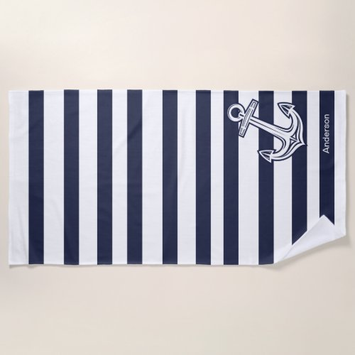 Custom Nautical Anchor Bathroom Navy Blue  stripes Beach Towel