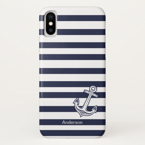 Custom Nautical Anchor Bathroom Navy Blue  stripes iPhone XS Case