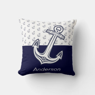 Custom Nautical Anchor Bathroom Navy Blue Throw Pillow