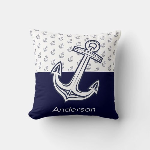 Custom Nautical Anchor Bathroom Navy Blue   Throw Pillow