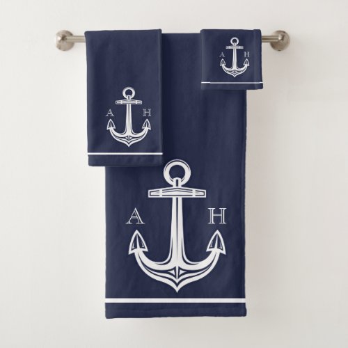 Custom Nautical Anchor Bathroom Navy Blue White Bath Towel Set