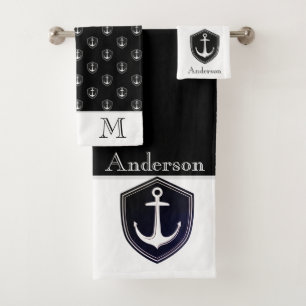 Custom Nautical Anchor Bathroom Ocean Black White Bath Towel Set