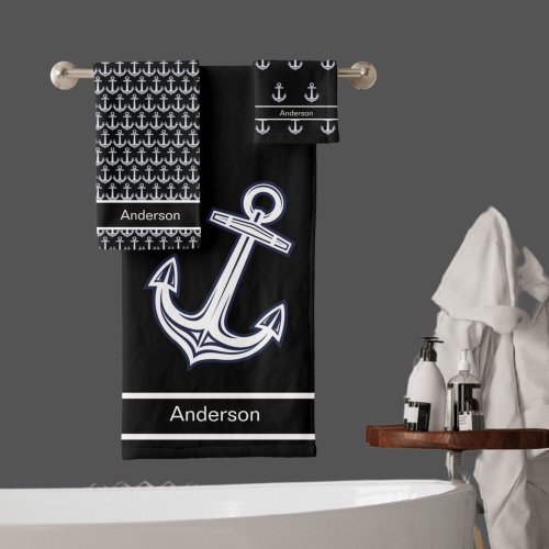 Custom Nautical Anchor  Bathroom Ocean Black White Bath Towel Set