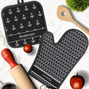 Custom Nautical Anchor Bathroom Ocean Black White Oven Mitt & Pot Holder Set