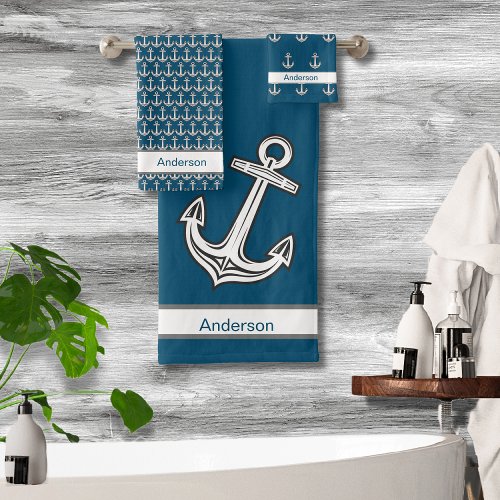 Custom Nautical Anchor Bathroom Ocean Gray White Bath Towel Set