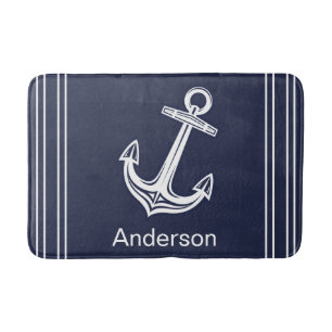 Custom Nautical Anchor Bathroom Ocean Navy Blue Bath Mat