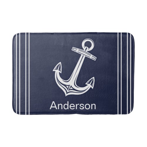 Custom Nautical Anchor  Bathroom Ocean Navy Blue Bath Mat