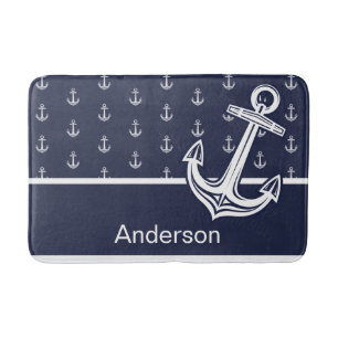 Custom Nautical Anchor Bathroom Ocean Navy Blue Bath Mat