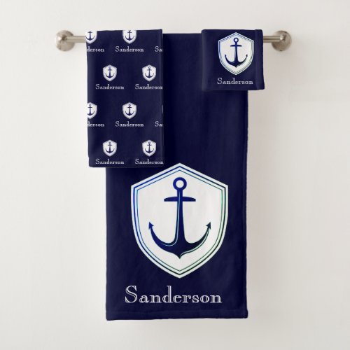 Custom Nautical Anchor  Bathroom Ocean Navy Blue  Bath Towel Set