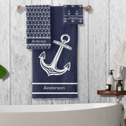 Custom Nautical Anchor  Bathroom Ocean Navy Blue Bath Towel Set