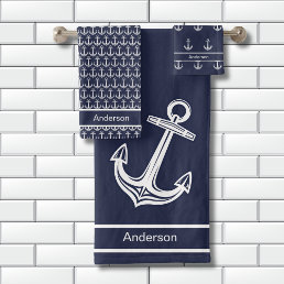 Custom Nautical Anchor  Bathroom Ocean Navy Blue Bath Towel Set