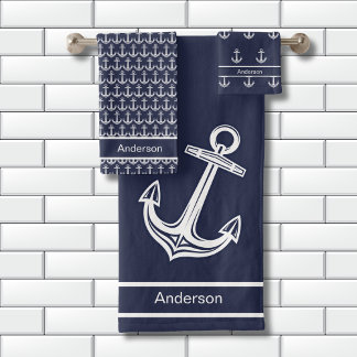 Custom Nautical Anchor  Bathroom Ocean Navy Blue Bath Towel Set