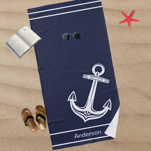 Custom Nautical Anchor  Bathroom Ocean Navy Blue  Beach Towel