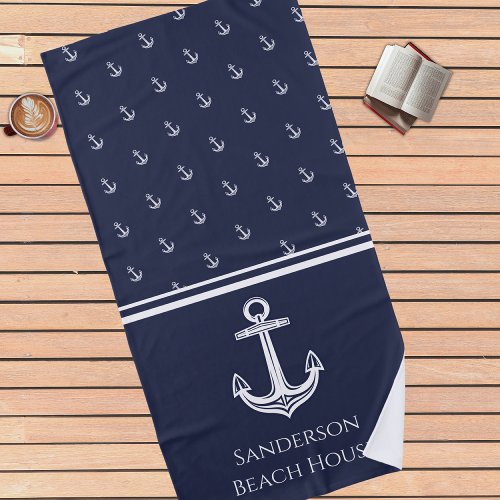 Custom Nautical Anchor  Bathroom Ocean Navy Blue Beach Towel