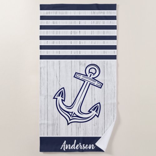 Custom Nautical Anchor  Bathroom Ocean Navy Blue  Beach Towel