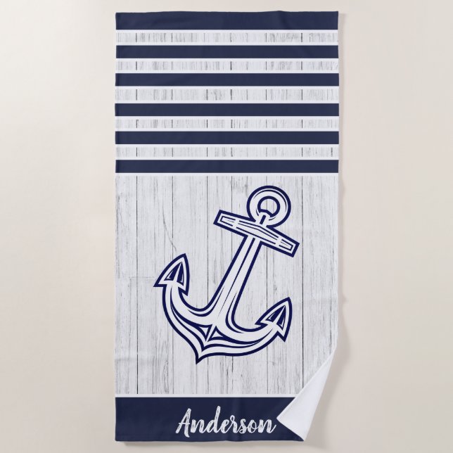 Custom Nautical Anchor  Bathroom Ocean Navy Blue  Beach Towel (Front)