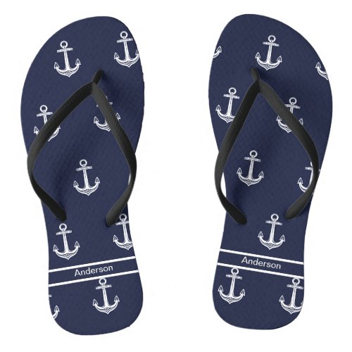 Custom Nautical Anchor  Bathroom Ocean Navy Blue Flip Flops