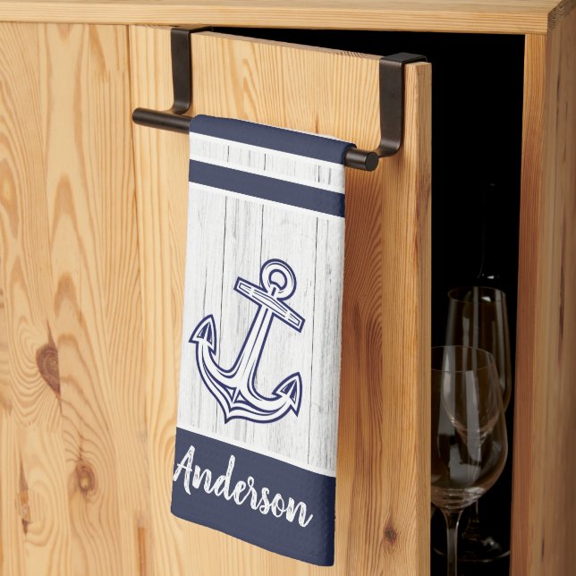 Custom Nautical Anchor  Bathroom Ocean Navy Blue  Kitchen Towel (Thirds Fold)