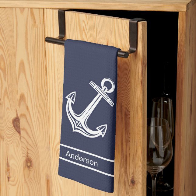 Custom Nautical Anchor  Bathroom Ocean Navy Blue  Kitchen Towel (Thirds Fold)