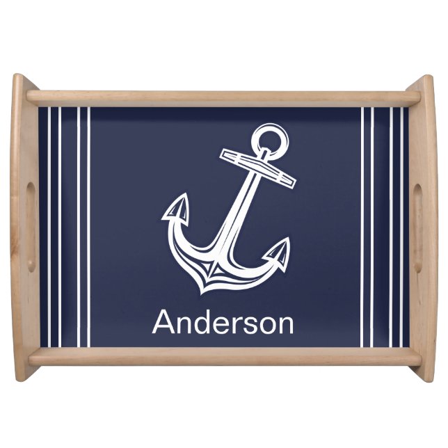 Custom Nautical Anchor  Bathroom Ocean Navy Blue  Serving Tray (Front)