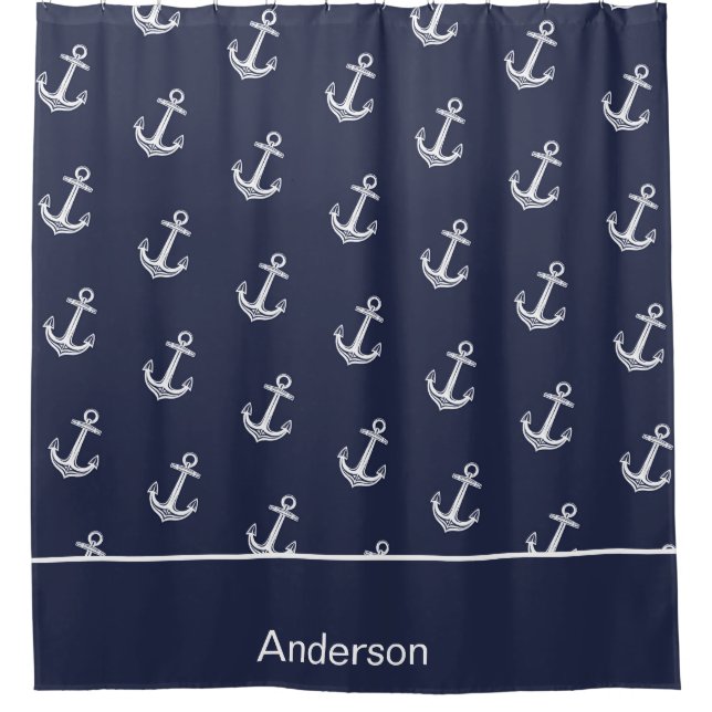 Custom Nautical Anchor  Bathroom Ocean Navy Blue  Shower Curtain (Front)