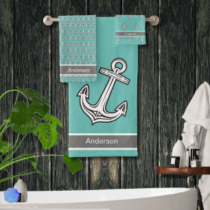 Custom Nautical Anchor Bathroom Pink Gray White Ba Bath Towel Set