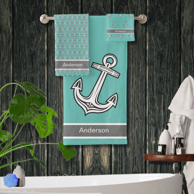 Custom Nautical Anchor Bathroom Pink Gray White Ba Bath Towel Set (Creator Uploaded)