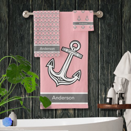 Custom Nautical Anchor Bathroom Pink Gray White Bath Towel Set